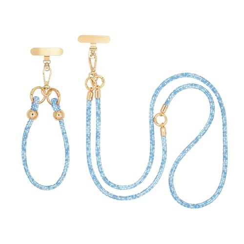 Crystal Phone Strap Crossbody and Wrist Lanyard, Anti Theft Layered & Wrist Strap Cell Phone Neck for Women - color: Blue