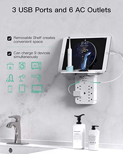 Wall Outlet Extender with Surge Protector, 6 AC Outlets, with Shelf - color: White, size: 3 USB