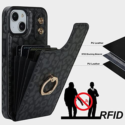 HAOPINSH for iPhone 13/ iPhone 14 Wallet Case with Card Holder, 360°Rotation Ring Kickstand, Black Leopard Cheetah Pattern, RFID Blocking Leather for Girls Women, Double Buttons Flip 6.1" - color: Black Leopard