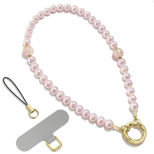 SURPHY Phone Charm, Handmade Beaded Phone Wrist Strap with Tether Tab - color: B- Pearl Pink