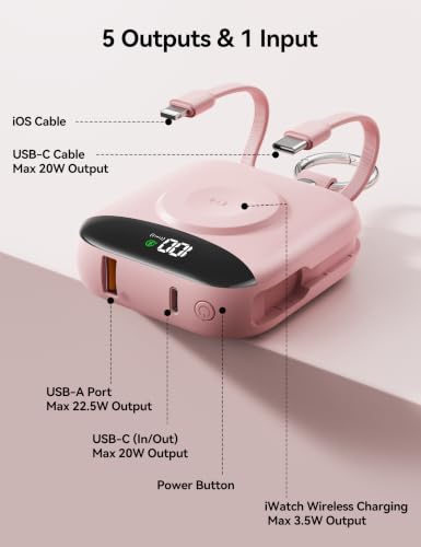 Portable Charger 10000mAh 22.5W Power Bank Built-in 2 Cables Keychain | Charge 5 Devices, TSA approved, Travel Fast Charging Battery Pack for iPhone Samsung Google Android & iWatch Charger, Pink - color: Pink
