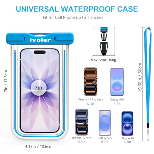 ivoler 2-Pack Waterproof Phone Pouch, Cell Phone Dry Bag for iPhone 17/16/15 Pro Max, Samsung S26/S25 Ultra, Waterproof Phone Case for Beach, Cruise Essentials & Travel, [Fit Up to 7''] - color: Neon Blue & Neon Green
