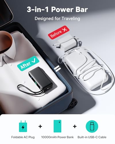 INIU 3-in-1 Portable Charger, Small 10000mah 30W Fast Charging Power Bank with Built-in USB C Cable and Foldable AC Plug, Flight Family Travel Essentials for College Students Teen Boys Girls, Purple - color: Purple