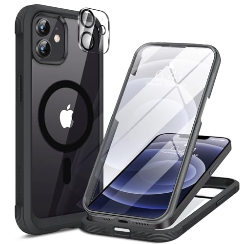 Miracase Magnetic for iPhone 12/12 Pro Case 6.1 inch, (Compatible with MagSafe) Upgrade Full-Body Clear Phone Bumper Case with Built-in 9H Tempered Glass Screen Protector, Magnetic Classic Black - color: Magnetic Classic Black, size: iPhone 12/12Pro