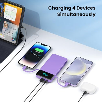 Portable Charger Power Bank for iPhone with Built-in Cables and AC Wall Plug, 13800mAh Ultra Slim Travel Essentials,USB C Fast Charging External Battery Pack for iPhone 17/16/13,Galaxy,Android-Purple - color: Purple