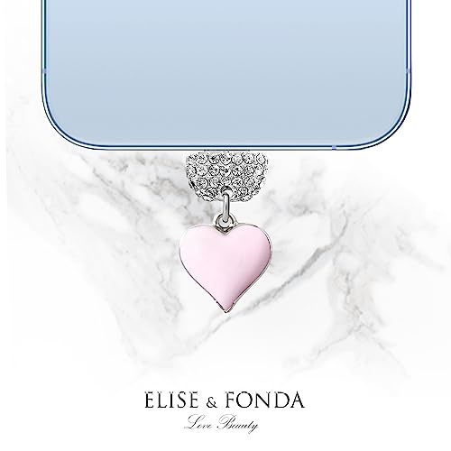 ELISE & FONDA CP604 USB Charging Port Crystal Anti Dust Plug Little Love Heart Phone Charm for iPhone 13/12/11/ XS MAX/XR/X/8 Plus/7/6S/8/SE iPad iPod (Pink)