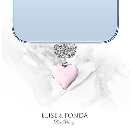 ELISE & FONDA CP604 USB Charging Port Crystal Anti Dust Plug Little Love Heart Phone Charm for iPhone 13/12/11/ XS MAX/XR/X/8 Plus/7/6S/8/SE iPad iPod (Pink)