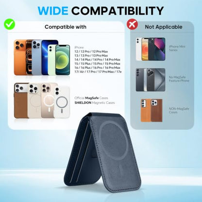 SHIELDON Genuine Leather for MagSafe Wallet, Adjustable Stand, Navy Blue - color: Navy Blue