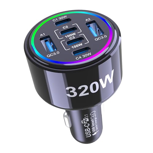 320W USB C Car Charger, 6 Ports Type C Car Charger