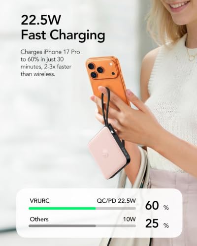 VRURC Portable Charger for iPhone Built-in Cables, Fast Charging Power Bank - color: Pink