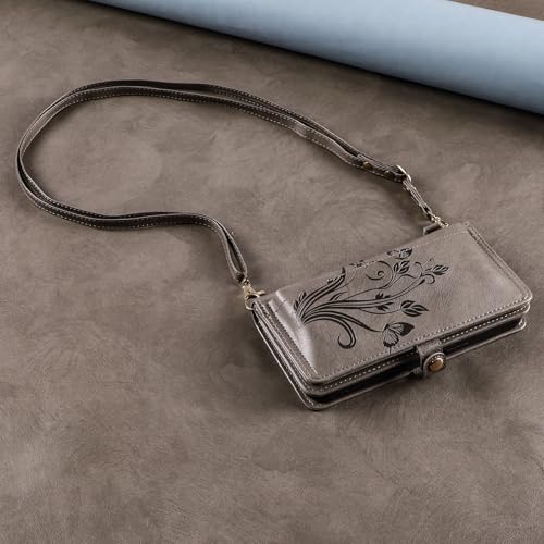 for Google Pixel 9 Pro XL/10 Pro XL Case Wallet,RFID Blocking Card Holder Zipper Leather Flip Cover Crossbody Wrist Strap with Stand (Floral Gray) - color: Floral Gray
