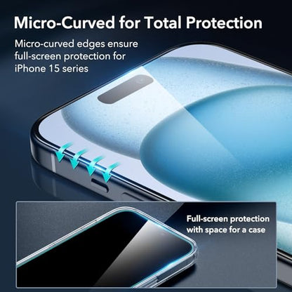 ESR 3+1 Pack for iPhone 15 Plus Screen Protector, [9H Hardness] [Military Grade Shatterproof] Full Coverage Ultra-tough Tempered Glass Film with Easy Installation Frame, 1 Set of Camera Lens Protector