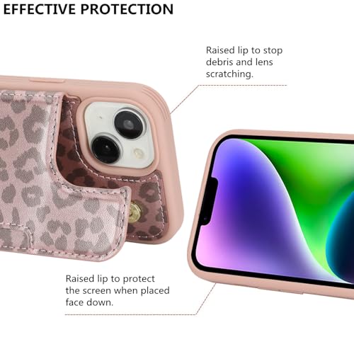 iCoverCase Compatible with iPhone 14 Plus Phone Case with Card Holder, Wallet Case for Women Men RFID Blocking PU Leather Protective Case 6.7 Inch (Rose Gold Leopard) - color: Rose Gold Leopard