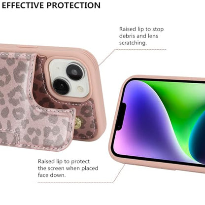 iCoverCase Compatible with iPhone 14 Plus Phone Case with Card Holder, Wallet Case for Women Men RFID Blocking PU Leather Protective Case 6.7 Inch (Rose Gold Leopard) - color: Rose Gold Leopard