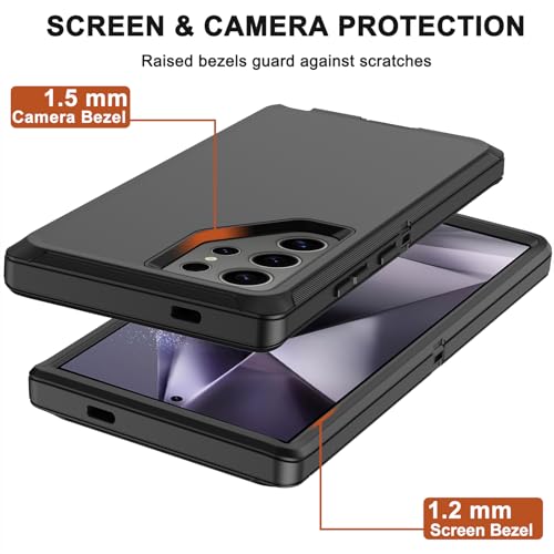 for Samsung Galaxy S24 Ultra Case with Belt Clip Holster, 2X Screen Protector, Heavy Duty Military Grade Full Body Shockproof Rugged Protective Cover for Samsung S24 Ultra 5G (Black) - color: Black