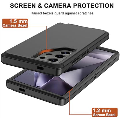 for Samsung Galaxy S24 Ultra Case with Belt Clip Holster, 2X Screen Protector, Heavy Duty Military Grade Full Body Shockproof Rugged Protective Cover for Samsung S24 Ultra 5G (Black) - color: Black