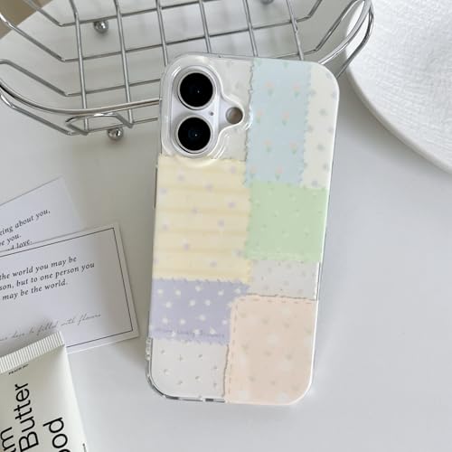 for iPhone 16 Case, Pastel Patchwork Phone Cover with Crystal Heart Beaded Strap & Bow Charm, Cute Kawaii Clear Protective Case for Women Girls(Lanyard+Phone case, iphone16) - size: iphone16