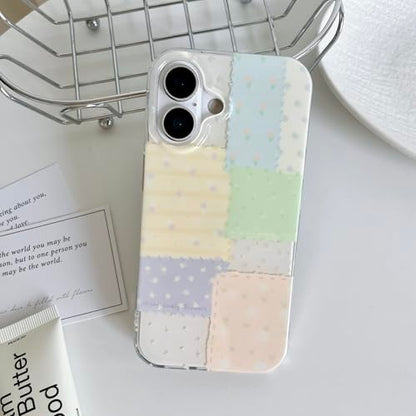 for iPhone 16 Case, Pastel Patchwork Phone Cover with Crystal Heart Beaded Strap & Bow Charm, Cute Kawaii Clear Protective Case for Women Girls(Lanyard+Phone case, iphone16) - size: iphone16