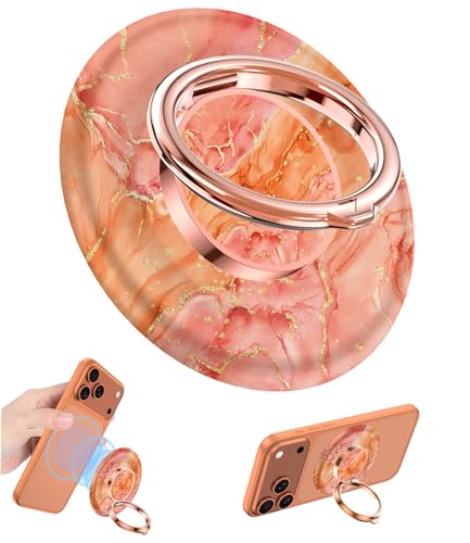 Magnetic Phone Ring Holder for MagSafe Grip,[Super Magnet],Stylish 360° Rotation Cell Phone Grip Stand Finger Ring Kickstand for iPhone 17 16 15 14 Pro Max,iPad and Smartphones,Marble - color: Orange Marble