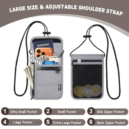 Likesing 5.5" L x 7.9" W Travel Neck Wallet, RFID Passport Pouch-Light Grey - color: Light Grey
