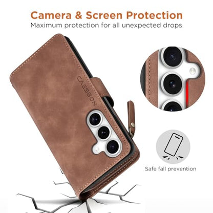 for Samsung Galaxy S24-FE-Wallet Case: with RFID Blocking Card Slots (6 Cards) | Soft PU Leather Magnetic Snap Zipper Pocket | Crossbody Wrist Strap Protective Phone Cover - Brown - color: A Brown, size: Galaxy S24 FE（6.7‘’）