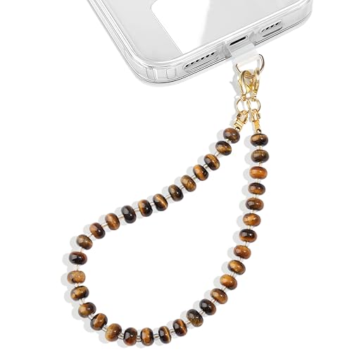 Natural Stone Beaded Phone Wrist Strap for Women, 304 Steel Core - color: Yellow Tiger Eye