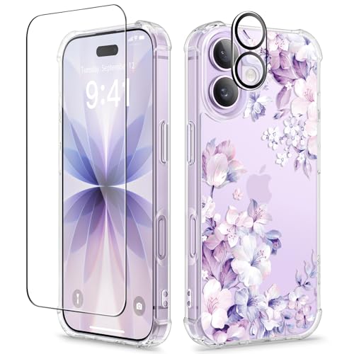 GVIEWIN for iPhone 17 Case Floral, Slim Clear Non-Yellowing | Shockproof Protective, Screen Protector+Camera Lens Protector, Women Phone Case for iPhone 17 6.3", Foliolosa/Purple - color: Foliolosa/Purple