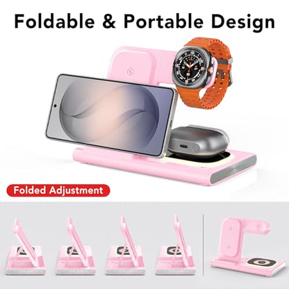 Wireless Charger for Samsung Charging Station, Foldable & Nightlight - color: pink