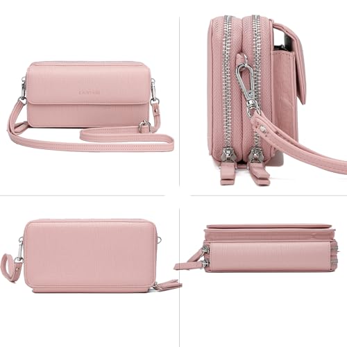 RFID Crossbody Wallet Wristlet Purse with Phone Pocket For Women Vegan Leather - color: Pink