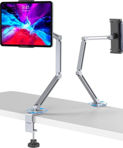 YICOSUN Tablet Stand for Desk - Heavy Duty Aluminum iPad Arm Mount with Super Grip Clamp, 360° Rotating Foldable Holder for 4.7-13" iPad, Kindle, Phone - Reading, Drawing, Video Call - Silver - color: Silver