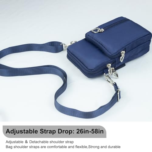 Small Crossbody Bag for Women, Multi Zip Pockets Nylon Wallet Purse Credit Card Holder with Detachable Hand Strap - color: Darkblue