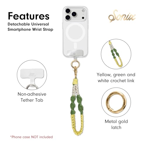 Sonix Phone Wristlet - Detachable Universal Smartphone Wrist Strap, Hands-Free Lanyard Cellphone Bracelet with Tether Tab - color: Crochet Twist - Yellow