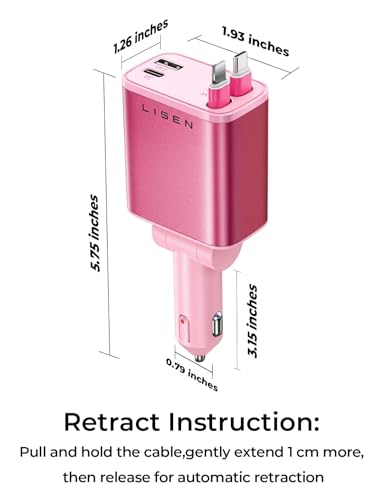 LISEN Retractable Car Charger, Pink-White - color: White-Pink, size: 31.5 Inch