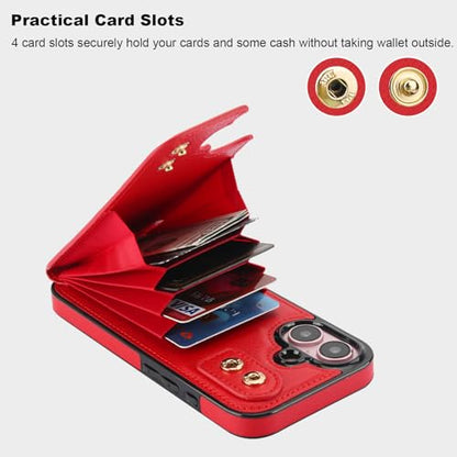 Folosu Compatible with iPhone 16 Case Wallet with Card Holder, 360°Rotation Finger Ring Holder Kickstand, RFID Blocking Leather Protective Double Buttons Shockproof Cover 6.1 Inch Red - color: Red