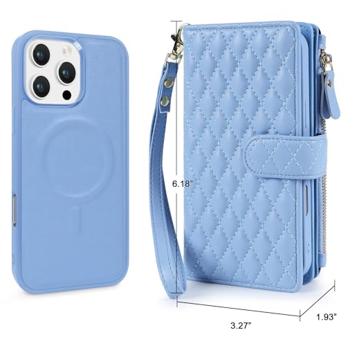 for iPhone 15/14/13 Case Wallet,Compatible with MagSafe 2 in 1 Magnetic Detachable PU Leather RFID Blocking Wallet Cover Card Holder Zipper Wrist Strap Lanyard,Quilted Blue - color: Quilted Blue, size: iPhone 15/14/13