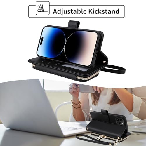 Wallet Case for iPhone 14 Pro Max 6.7 inch with Wrist Strap, Shoulder Strap, 9+ Card Slots Purse Leather Stand Cell Phone Cover for iPhone14promax 5G i Phone14Max Plus iPhone14 ProMax Black | Wrist/Shoulder Strap, Card Slots, PU Leather Stand, Cell Phone