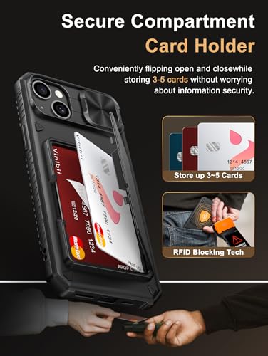 Vihibii for iPhone 15 Plus/iPhone 14 Plus Case with Card Holder, Black | RFID Blocking, Slide Camera Lens Cover, Military-Grade Drop Protection, Raised Edges Protect Screen, Ditch the bulky bag - color: Black, size: iPhone 15 Plus/14 Plus