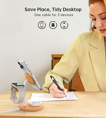 3 in 1 Magnetic Wireless Charging Station for Apple Devices,15W for Magsafe - color: Yellow Woodgrain