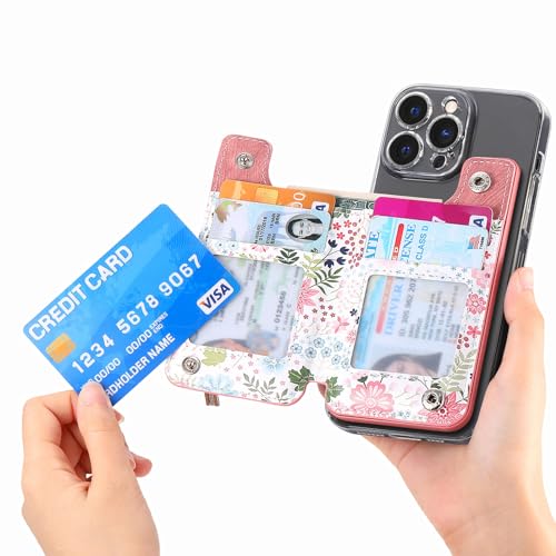 Stick on Wallet for Phone Case, Credit Adhesive Card Holder for Back of Phone Cases Flip Leather Zipper Flower Wallet Sleeve Compatible with iPhone, Samsung Galaxy Most Smartphones Pink - color: Flower Pink