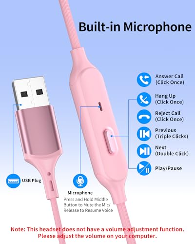 USB Earbuds with Microphone for PC Laptop,USB A Headphones,Pink - color: Pink