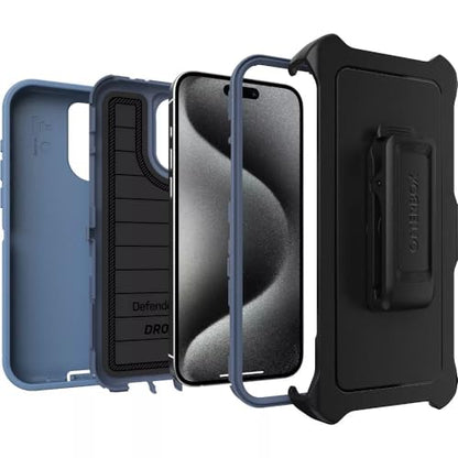 OtterBox iPhone 15 Pro Max (Only) - Defender Series Case - Baby Blue Jeans (Blue) - Screenless - Rugged & Durable - with Port Protection - Holster Clip Includes - Microbial Defense Protection - color: Baby Blue Jeans (Blue)