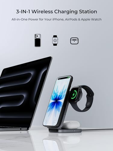 3-in-1 Fast Magnetic Wireless Charging Station for Apple: 15W Qi2-Certified Palm-Sized Foldable MagSafe Charger Stand for iPhone 17, Apple Watch, AirPods, Travel Portable with 30W Adapter& Travel Case