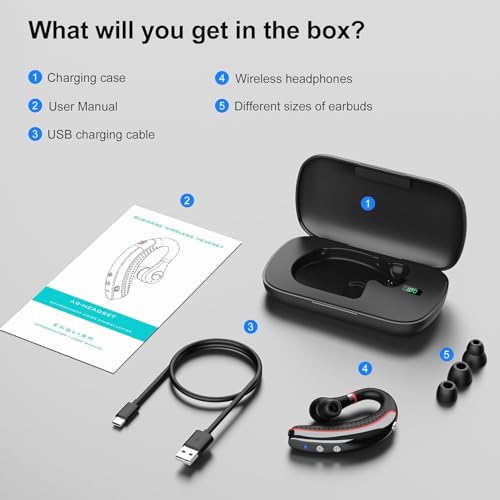 Bluetooth headset,Bluetooth earpiece 500mAh Charging Case 72H of talk time, Bluetooth Headset with Noise Canceling Mic Voice Control Lightweight Sweat-Resistant Design For iphone Work Driver Office - color: Red