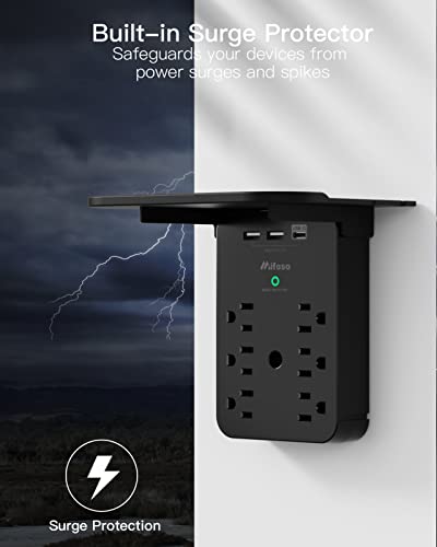 Wall Outlet Extender with Shelf, Surge Protector 6 AC Multi Plug Outlet - color: Black, size: 3 USB