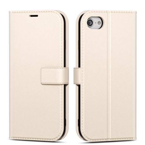 oakxco for iPhone SE 2022/2020/ 8/7 Wallet Case with Credit Card Holder, Magnetic RFID Slim Folio Book Flip Leather Phone Case for Women Men Girl, Cute Silicone Rubber Shockproof Cover, Beige White - color: Beige, size: SE/ 8/ 7