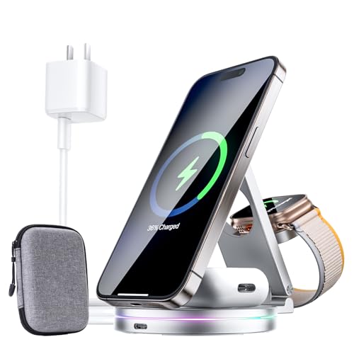 3 in 1 Wireless Charging Station for Apple Charger, 15W Fast Mag-Safe Qi-Certified Magnetic Portable Charger Stand for iPhone 1615141312 Apple Watch AirPods 3/2 Pro, Adjustable Angle (Silver, Qi)