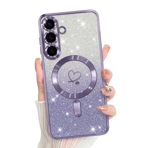Bonoma Compatible with Samsung Galaxy S25 Case Heart Glitter -Purple | Support for MagSafe, Plating Magnetic Case TPU Camera Protection Back Cover for Phone Case - color: Purple, size: Samsung Galaxy S25