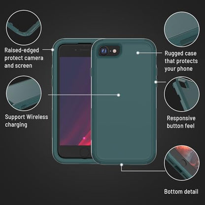 X-belmox Heavy Duty Phone Case for iPhone SE 2022 (3rd Gen) with Glass Screen Protector, 3 in 1 iPhone SE 2020 Case [Shockproof] Rugged Protective [Drop Proof] iPhone 7/8 case 4.7" - Dark Green - color: Dark Green