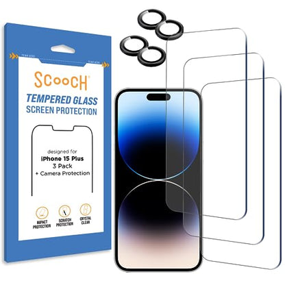 Scooch® Tempered Glass Multipack for iPhone 15 Plus, 3 Screen Protectors and 2 Camera Lens Protectors, Premium 9H Tempered Glass, Anti-Scratch, Anti-Fingerprint, Impact Resistant - size: iPhone 15 Plus
