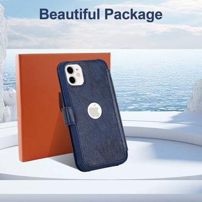 VANAVAGY Wallet Case for iPhone 11 6.1 inch, Navy Blue | 12ft Drop-proof Cover for Women Men, Silm PU Leather, RFID Blocking Card Holder, Wrist Strap, Screen Protector - color: Navy Blue